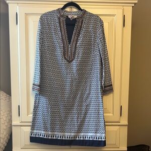 Tory Burch Blue and Brown Geometric Long Sleeve Dress